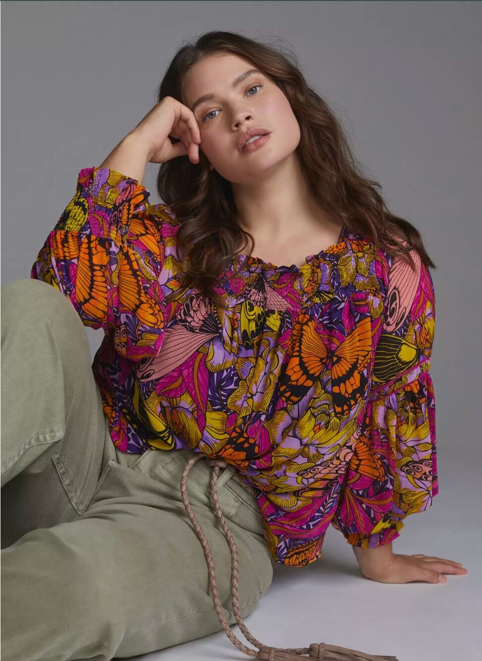 Anthropologie Alexandra Farmer Puff Sleeve Blouse Sz L Square Neck